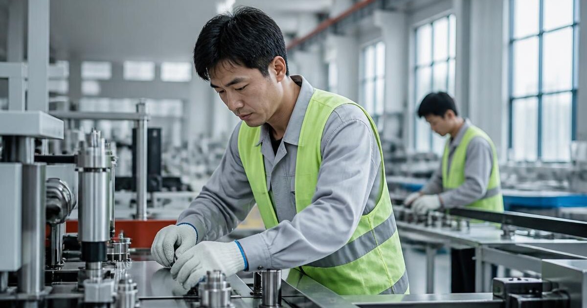 Workers from Asia in work uniforms on a production floor in North Macedonia – Primework Group article graphic
