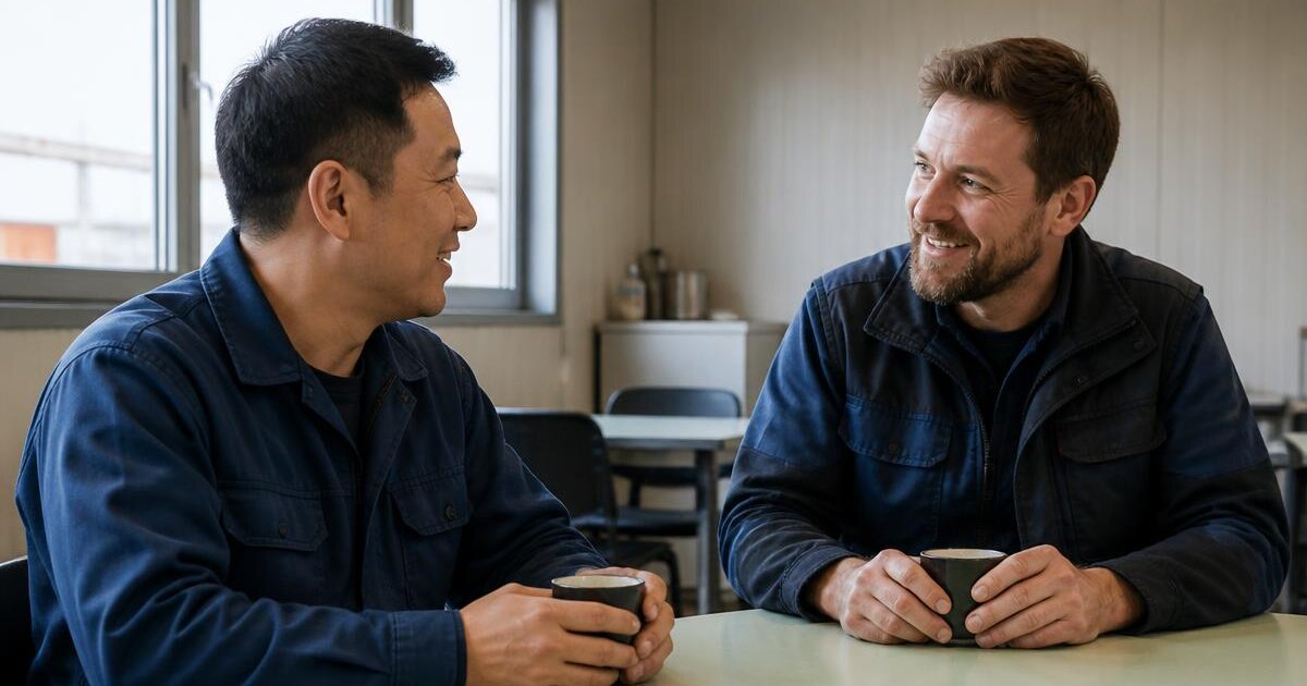 An Asian worker and a North Macedonian colleague talking in a plant break room – Primework Group article graphic