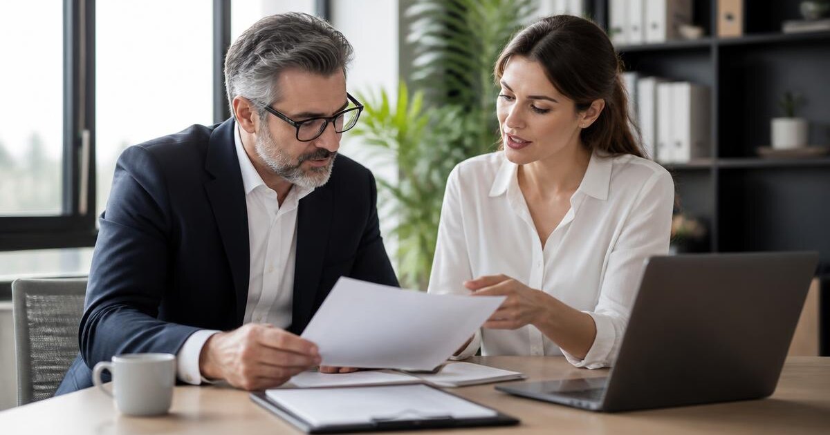 A North Macedonian employer and an HR specialist reviewing foreign employment documents – Primework Group article graphic